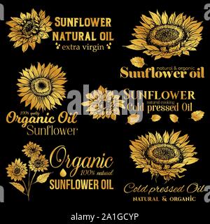 Golden di olio di semi di girasole logo Impostare, tecnologia di fiori selvaggi Logo templates per Brabding Identty. Vettore d'oro fiori isolati disegni a mano con caratteri Illustrazione Vettoriale