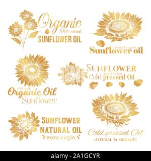 Golden di olio di semi di girasole logo Impostare, tecnologia di fiori selvaggi Logo templates per Brabding Identty. Vettore d'oro fiori isolati disegni a mano con caratteri Illustrazione Vettoriale