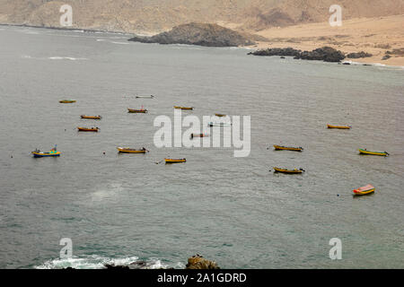 La flotta di pesca nell'Oceano Pacifico. La Caleta del Pan de Azucar Parco Nazionale, Cile settentrionale. Foto Stock