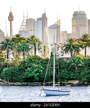 Barca a vela ormeggiata nel pomeriggio in Mosman Bay sul Porto di Sydney a Sydney in Australia. Foto Stock