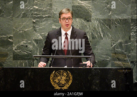 New York, NY, STATI UNITI D'AMERICA. 26 Sep, 2019. Settembre 26, 2019 - New York, NY, Stati Uniti: Aleksandar Vucic, Presidente della Repubblica di Serbia, parlando all'Assemblea generale delle Nazioni Unite. Credito: Michael Brochstein/ZUMA filo/Alamy Live News Foto Stock