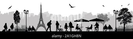 Illustrazione Vettoriale di paesaggi e città scena di strada con la gente e la Torre Eiffel sullo sfondo a Parigi, Francia Illustrazione Vettoriale