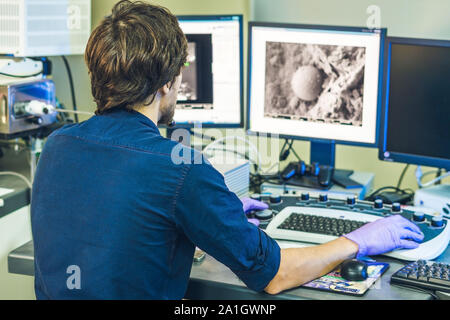 Le opere dello scienziato in un microscopio a elettroni pannello di controllo con due monitor di fronte a lui. Foto Stock