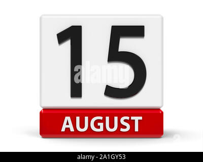 Rosso e bianco sull'icona del calendario dai cubi - Il quindicesimo giorno del mese di agosto - su un tavolo bianco - Assunzione di Maria, Giorno di indipendenza in India, tridimensionale Foto Stock