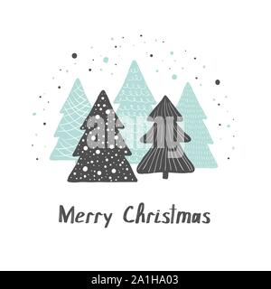 Vettore di Natale saluto gard. Carino disegnato a mano gli alberi di Natale in stile scandinavo. Illustrazione Vettoriale