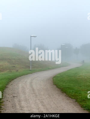 Nebbia mattutina travolge un paese rurale percorso sporco. Foto Stock