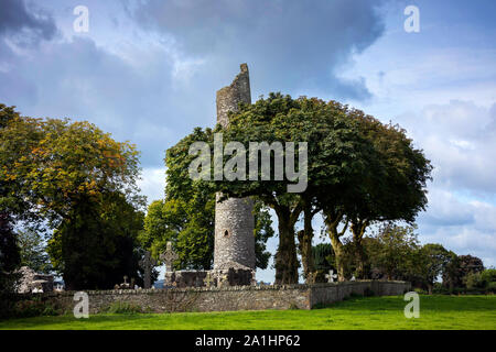 Monasterboice torre rotonda e alta attraversa Drogheda County Louth, Irlanda Foto Stock