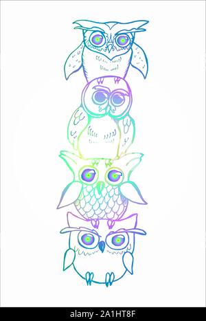 Illustrazione a colori di un totem di civette. Gufi sulla parte superiore di ciascun altro Illustrazione Vettoriale