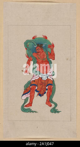 Buddista mitologici o indù la figura di intera lunghezza, in piedi, rivolto verso la parte anteriore, con lunghi Sash verde e fiamme di alone verde dietro la testa Foto Stock