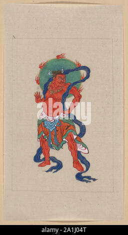 Buddista mitologici o indù la figura di intera lunghezza, in piedi, rivolto verso destra con lunghi saliscendi blu e fiamme di alone verde dietro la testa Foto Stock