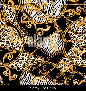 Golden catene, ornamenti barocchi miscelato con Tiger e Zebra Pattern di animali. Modello senza cuciture con sfondo nero. Gli anni ottanta stilizzata fashion Illustrazione Vettoriale