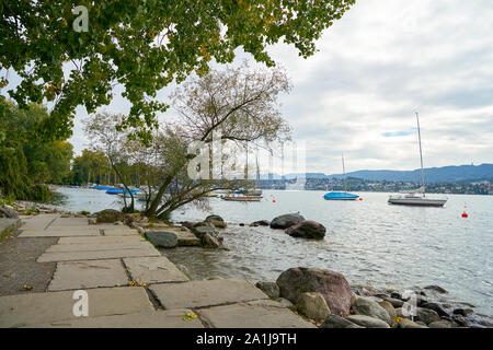 Zurigo, Svizzera - circa ottobre, 2018: barche sul lago di Zurigo in Svizzera. Foto Stock