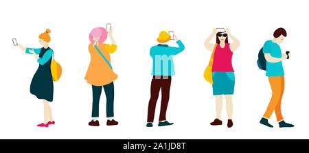 Persone con gli smartphone isolati su sfondo bianco. Social media concetto. Appartamento illustrazioni vettoriali Illustrazione Vettoriale