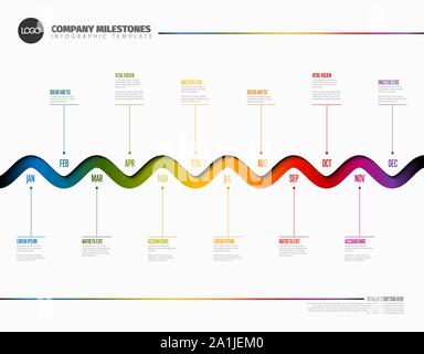 Anno intero modello timeline con tutti i mesi su un piano orizzontale di rainbow curvi linea di tempo Illustrazione Vettoriale