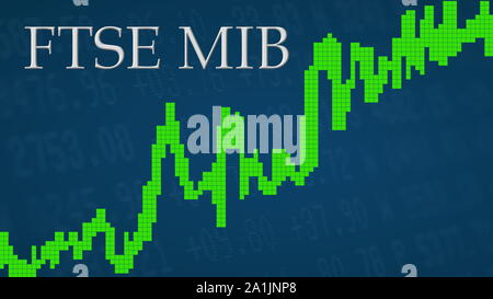 Il mercato azionario italiano indice FTSE MIB sta andando verso l'alto. Il grafico verde accanto al silver FTSE MIB titolo su sfondo blu è che mostra verso l'alto e... Foto Stock