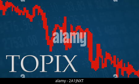 I giapponesi Tokyo Stock price Index TOPIX è caduta. Il grafico rosso accanto all'argento TOPIX titolo su uno sfondo blu mostra verso il basso e... Foto Stock