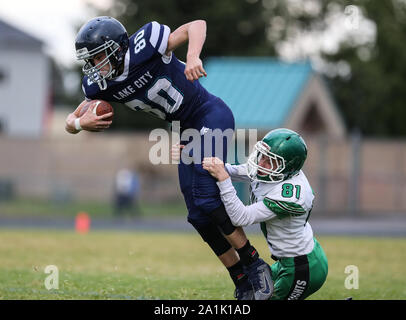 Azione di calcio con East Valley vs Lake City in Coeur d'Alene, Idaho. Foto Stock