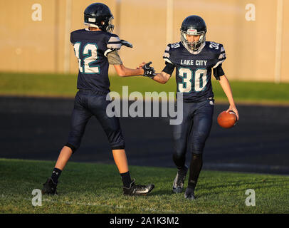 Azione di calcio con East Valley vs Lake City in Coeur d'Alene, Idaho. Foto Stock