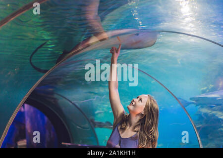 Una giovane donna tocca un pesce di razza in un tunnel oceanarium Foto Stock