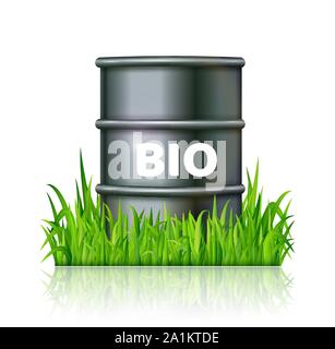 Cilindretto metallico con bio combustibile sull'erba verde vettore Illustrazione Vettoriale