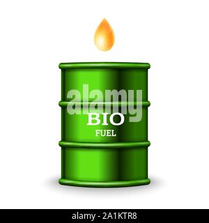 Green cilindretto metallico con bio carburante e olio di caduta su sfondo bianco vettore Illustrazione Vettoriale