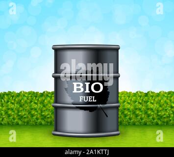 Cilindretto metallico con bio combustibile sull'erba verde vettore di fondo Illustrazione Vettoriale