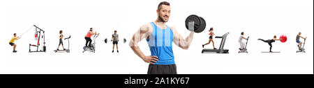 Guy muscolare di sollevamento pesi e di molte persone che esercitano in background isolati su sfondo bianco Foto Stock