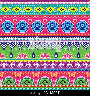 Per Indiani e Pakistani arte carrello vector seamless pattern, design colorato con forme geometriche e fiori Illustrazione Vettoriale