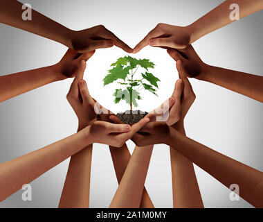 Earthday o la giornata della terra come gruppo di diverse persone di entrare in forma il cuore mani collegate insieme la protezione dell'ambiente e la promozione. Foto Stock