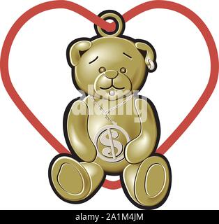 Un orsacchiotto fascino in oro e argento con un rosso a forma di cuore in esecuzione di stringa attraverso un anello sulla parte superiore Illustrazione Vettoriale
