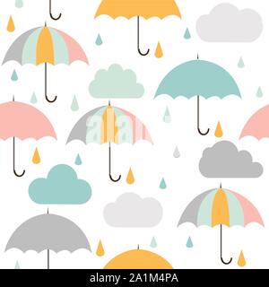 Modello senza soluzione di continuità con le nuvole, pioggia e ombrello Illustrazione Vettoriale
