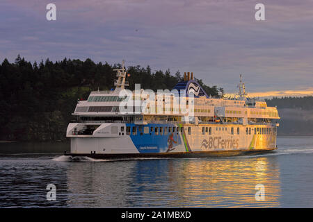 BC ferry boat Rinascimento costiere in Active passano in mattina presto-British Columbia, Canada. Foto Stock