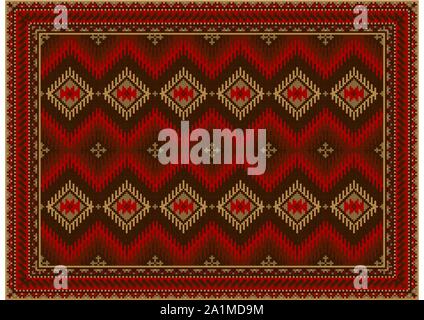 Lussuoso colorato tappeto etnico con struttura a diamante in rosso borgogna con marrone e toni di colore giallo su sfondo bianco Illustrazione Vettoriale