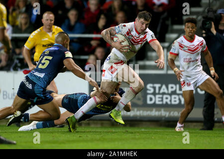 Saint Helens Mark Percival punteggi durante il Betfred Super League Semi-Final al totalmente Wicked Stadium, St Helens. Foto Stock