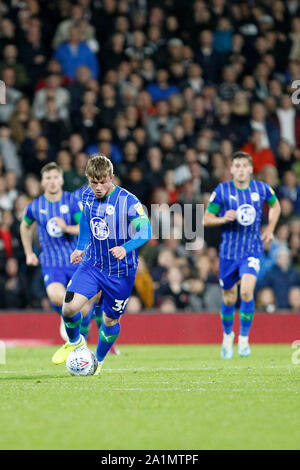 Londra, Regno Unito. 27Sep, 2019. durante il cielo EFL scommessa match del campionato tra Fulham e Wigan Athletic a Craven Cottage, Londra, Inghilterra il 27 settembre 2019. Foto di Carlton Myrie. Solo uso editoriale, è richiesta una licenza per uso commerciale. Nessun uso in scommesse, giochi o un singolo giocatore/club/league pubblicazioni. Credit: UK Sports Pics Ltd/Alamy Live News Foto Stock