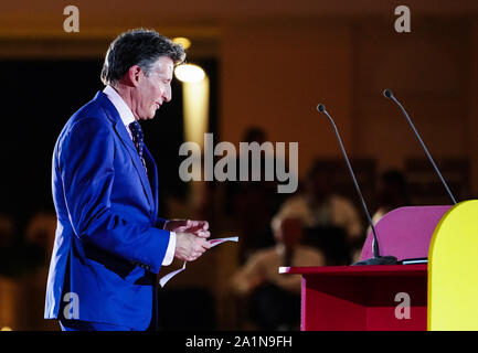 Doha in Qatar. Il 27 settembre, 2019. Il Presidente IAAF Sebastian Coe è in procinto di affrontare la cerimonia di apertura del 2019 IAAF mondiale di atletica a Doha, in Qatar, Sett. 27, 2019. Credito: Wang Jingqiang/Xinhua/Alamy Live News Foto Stock