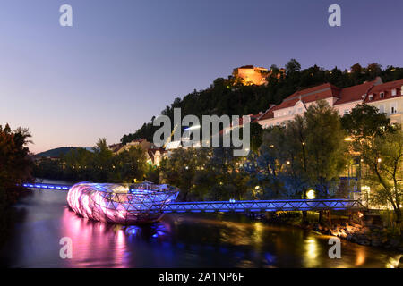 Graz: fiume Mur, isola Murinsel, Clock Tower, in Austria, Steiermark, Stiria, Regione Graz Foto Stock