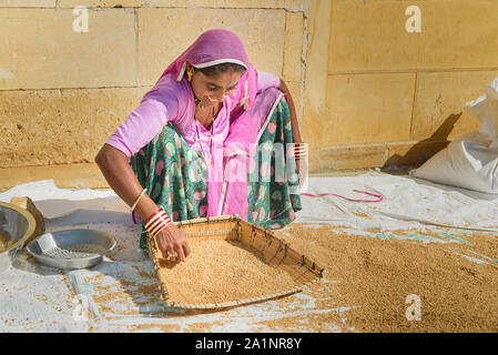 Jaisalmer, India - 16 Febbraio 2019: le donne indiane riso di pulizia sulla strada a Jaisalmer. Rajasthan Foto Stock