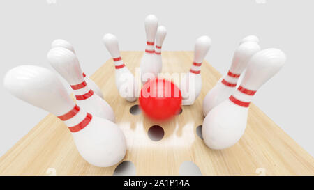 Bowling strike, palla rossa bussa giù bowling pin. Foto Stock