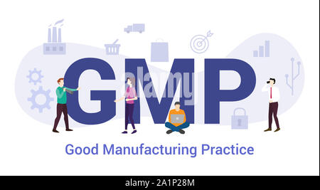 Gmp buone pratiche di fabbricazione concetto con grande parola o il testo e il team di persone con un moderno stile piatto - illustrazione vettoriale Foto Stock
