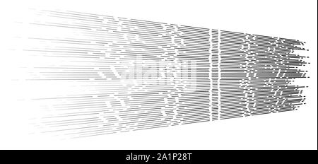 Random 3d linee tratteggiate in prospettiva strisce segmentata disegno geometrico. svaniscono, diminuire. striature irregolari strisce di fading Illustrazione Vettoriale