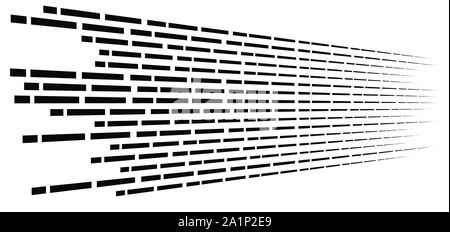 Random 3d linee tratteggiate in prospettiva strisce segmentata disegno geometrico. svaniscono, diminuire. striature irregolari strisce di fading Illustrazione Vettoriale