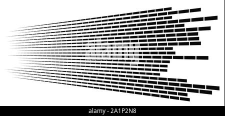 Random 3d linee tratteggiate in prospettiva strisce segmentata disegno geometrico. svaniscono, diminuire. striature irregolari strisce di fading Illustrazione Vettoriale