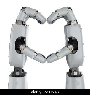 3D rendering mano robotica o mano cyborg a forma di cuore isolato su bianco Foto Stock