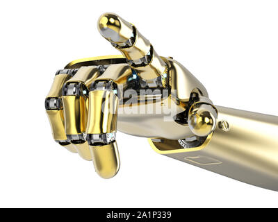 3D rendering golden mano robotica o mano cyborg dito punto isolato Foto Stock