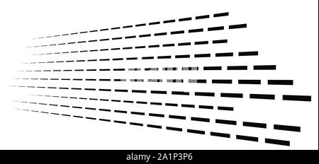 Random 3d linee tratteggiate in prospettiva strisce segmentata disegno geometrico. svaniscono, diminuire. striature irregolari strisce di fading Illustrazione Vettoriale