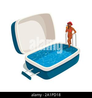 Illustrazione Vettoriale di giovane donna con un cocktail, passo nella piscina all'aperto valigia. Concetto di viaggio Illustrazione Vettoriale