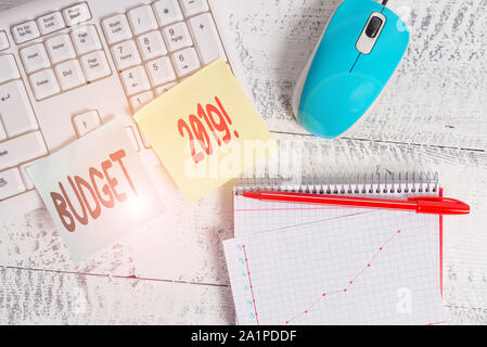 La grafia la scrittura di testo Bilancio 2019. Foto concettuale stato preventivo delle entrate e delle spese per il corrente anno la scrittura di attrezzature e computer alimentari plac Foto Stock