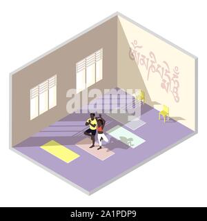 Formazione Yoga studio con African American insegnanti, isometrica del vettore Illustrazione Vettoriale