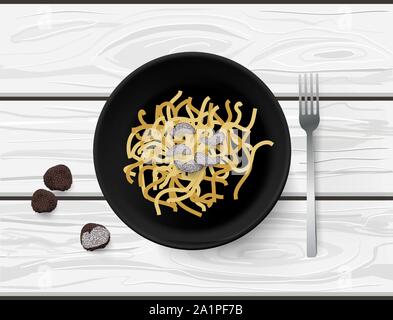 Piatto di laici disegnati a mano la pasta del vettore con fettine di tartufo (tuber fungo) su bianco tavolo in legno Illustrazione Vettoriale